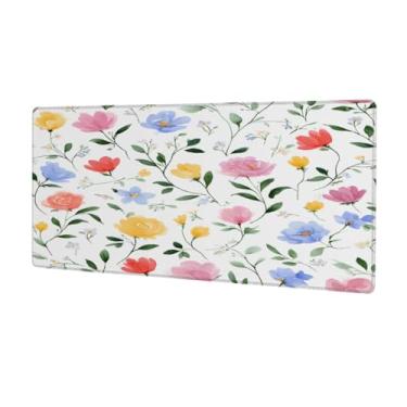 Imagem de Tapete de rato grande com arte de flores em aquarela à prova d'água, tapete protetor de mesa estendido para computador, base de borracha antiderrapante para escritório, computador, teclado, laptop e