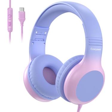Imagem de Cowyawn Fones de ouvido infantis com fio com microfone, fones de ouvido infantis USB tipo C para escola, limite de volume de 85/94 dB, som estéreo HD, fone de ouvido dobrável com fio para crianças