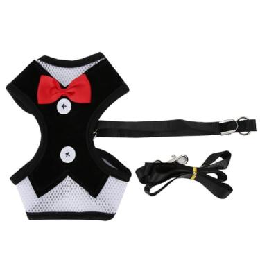 Imagem de Peitoral para animais de estimação estilo smoking preto, design de gravata borboleta acolchoada de malha macia com alça para cães e gatos pequenos, proporcionando caminhada diária segura e confortável