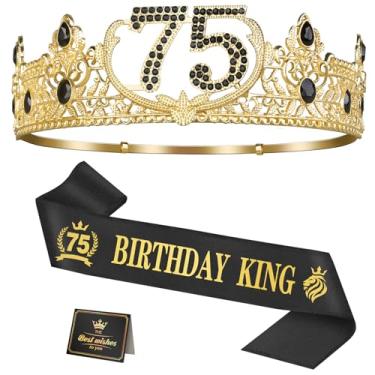 Imagem de Asija Presentes de aniversário de 75 anos para homens, decorações de 75 anos para homens, suprimentos de decoração de festa, incluindo coroa de rei, faixa e cartão de felicitações