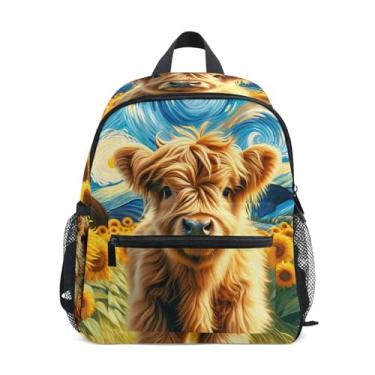 Imagem de GAIGEO Highland Cow Sunflower Starry Night Mini Toddler Backpack with Whistle, 2 Bottle Pockets, Lightweight, Girls Backpack Elementary School 10x4x12 In, for Ages 3-8