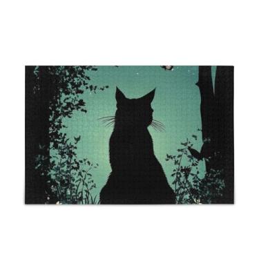 Imagem de Quebra-cabeças de silhueta de gatos pretos, quebra-cabeças rígidos de papel e madeira para adultos com bolsa de armazenamento