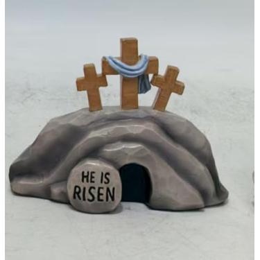Imagem de pechpell 4.3" He is Risen Easter Decor, Resin Empty Tomb Jesus Resurrection Scene Christian Cross Tiered Tray Tabletop Figurine, Religious Easter Decorations for Home Office Table Mantel Shelf Desk