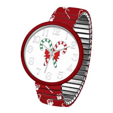 Imagem de Blekon Relógio feminino com tema natalino, grande, 38 mm, mostrador branco, pulseira elástica, Vermelho/doce