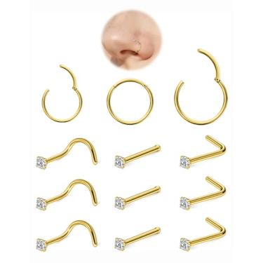 Imagem de Hoeudjo Kit de piercing de nariz de aço cirúrgico zircônia cúbica para mulheres e homens minúsculos parafusos de nariz e osso e anéis de narina em forma de L piercing joias 20-18 calibre 12 peças