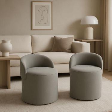 Imagem de Kit 2 Puff Linho Redondo Encosto Orgânico Quarto Sala Closet Cinza