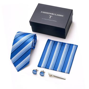 Imagem de Kit Gravata Masculina e Lenço Poliester Azul Casamento