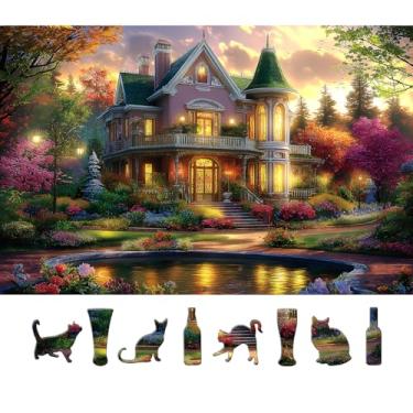 Imagem de Victorian House Sunset 500 Piece Puzzle for Adults - Jigsaw Puzzles with Autumn Flowers & Scenic Landscape - Lakeside Cottage Challenging Puzzles for Adults & Seniors Gift (23"x15")