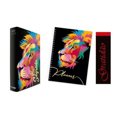 Imagem de Kit Leão Color - Planner + Bíblia Preta Capa Dura NVI + Marca Página