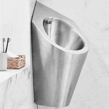 Imagem de pcagfaajmh Mictório de canto de parede para homens, mictório de economia de espaço para uso em canto, mictório pequeno montado na parede para vaso sanitário pequeno, mictório de aço inoxidável