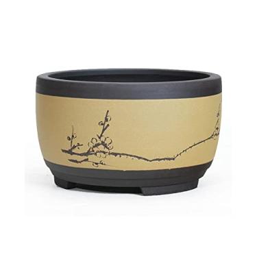 Imagem de pcagfaajmh Vaso de flores de bonsai de lama roxa bacia de cerâmica clássica planta verde redonda varanda em forma de tambor vaso respirável para plantas internas/externas jardim decorativo (roxo 21 cm