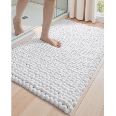 Imagem de DEXI Tapetes de banheiro 61 x 109 cm, tapete de banho lavável antiderrapante, tapetes de chenille super espessos para piso de chuveiro, tapete felpudo fofo de pelúcia para banheira, branco