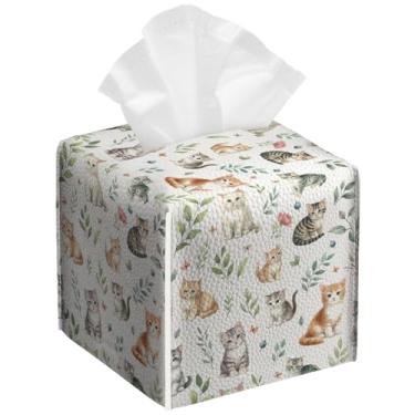 Imagem de Pacote com 2 capas de caixa de lenços para gatos fofos, folhas quadradas, floral, couro PU, porta-lenços de papel à prova d'água, dispensador de papel facial para banheiro, cozinha, casa, escritório