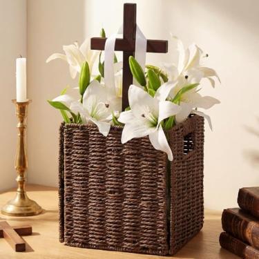 Imagem de Thyle Cesto de decoração de Páscoa e cruz de madeira, caixa organizadora dobrável de 22 x 21 cm, Jesus Cristo, cruz católica, decoração religiosa, prateleira de mesa para escritório em casa