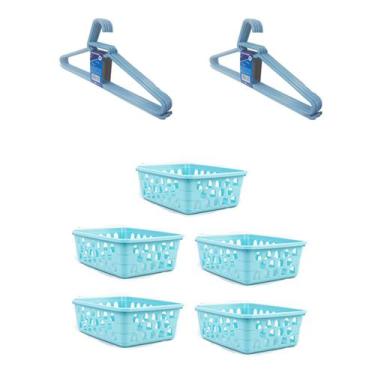 Imagem de Kit 5 Cestos Organizador Pequeno 16x12x6Cm + 10 Cabides Azul - Triopla