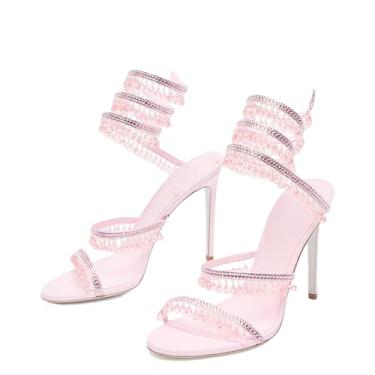 Imagem de Fuazuzu Sandálias de salto alto com tiras de strass para mulheres, bico redondo aberto com cadarço para vestido de festa de formatura de casamento, rosa, 34