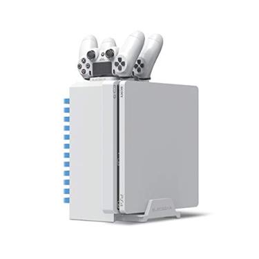 Imagem de ElecGear Games Disk Tower, suporte vertical, carregador duplo, suporte organizador de armazenamento de disco Blu-ray, DVD, controle PS4, estação de carregamento dupla para PlayStation PS4, Pro, Slim