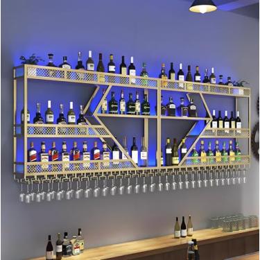Imagem de Rack de vinho de metal de 3 camadas montado na parede com LED, prateleira flutuante para garrafa de licor e suporte de taça de vinho, exibição de armazenamento de bar grande para bar doméstico
