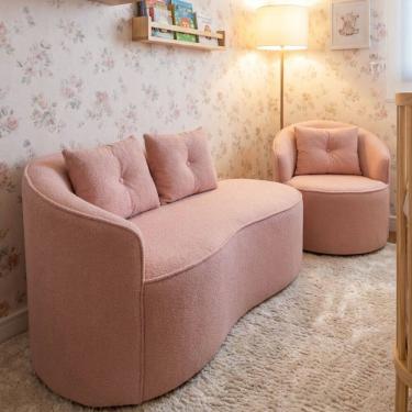 Imagem de Kit de 01 Sofá Orgânico Curvo Feijão + 01 Poltrona Confortável Sala Estúdio Amore Bouclê Rosa - Montanari`s Decor