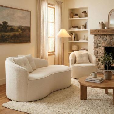 Imagem de Kit de 01 Sofá Orgânico Curvo Feijão + 01 Poltrona Confortável Sala Estúdio Amore Bouclê Off White - Montanari`s Decor