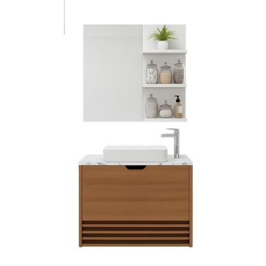 Imagem de Kit Banheiro Vitalle Suspenso 80cm com Nicho e Espelheira 60cm Amêndola com Mármore