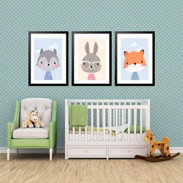 Imagem de Kit 3 Quadros Grandes Quarto Infantil Bichinhos 60X48Cm