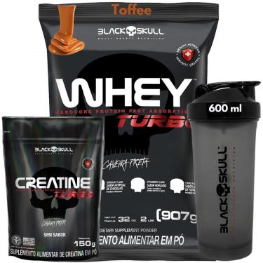Imagem de Kit Whey Protein Concentrado 907g Refil Creatina Monohidratada 150g Coqueteleira 600ml Black Skull-Unissex