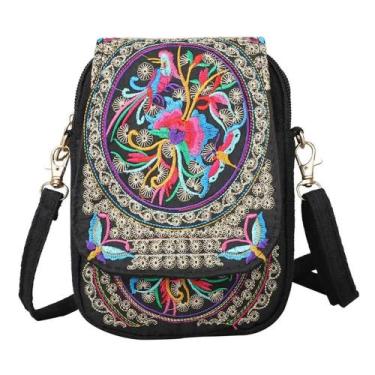 Imagem de Bolsa Feminina Crossbody de Lona Bordada - Pequena com Zíper, Mini (co