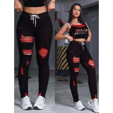 Imagem de Calça Jeans Skinny Vermelha Desgastada Para Mulheres, Cintura Elástica