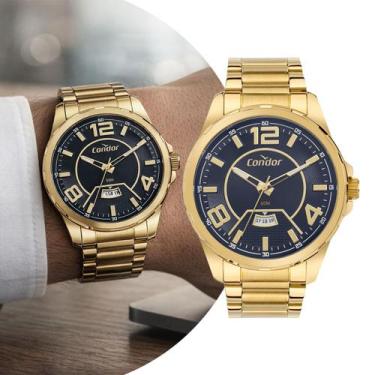 Imagem de Relógio Analógico Masculino Dourado e Azul com Caixa e Pulseira de Aço