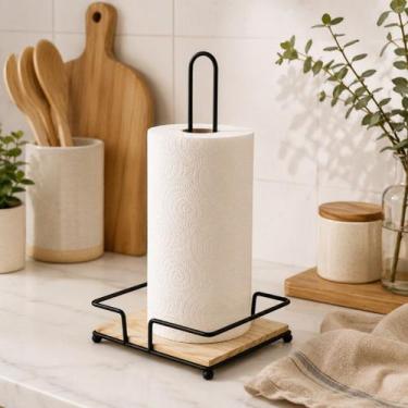 Imagem de Porta Papel Toalha De Mesa Em Metal Com Base De Madeira 30cm - KeHome