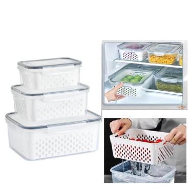 Imagem de Kit 3 Potes Organizadores Herméticos de Acrílico com Tampa e Cesto de Drenagem para Geladeira Yeet