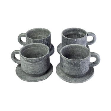 Imagem de Kit 4 Xícaras de Chá com Pires em Pedra Sabão Libera Minerais Benéficos para Servir 200ml Dourado Industria São Jose