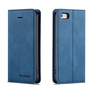 Imagem de CHAJIJIAO Capa ultrafina de couro carteira multifuncional para iPhone 5S/SE, capa carteira magnética flip 2 em 1, capa de TPU com compartimento para cartão (cor: azul)