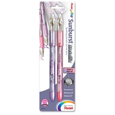 Imagem de Pentel Caneta de gel metálica Sunburst, linha média, permanente, tinta violeta e rosa, pacote com 2 (K908MBP2VP)