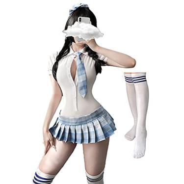 Imagem de SINGUYUN Womens Sexy Schoolgirl Outfits Lolita Lingerie Student Tight Net Clothes Uniform Pleated Skirt Cosplay Dress (7035White)