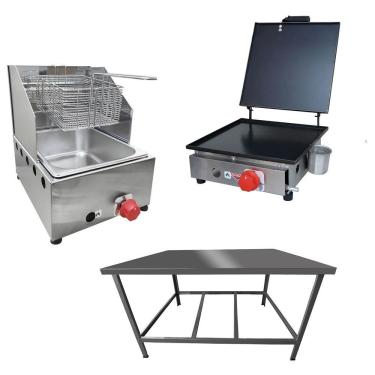 Imagem de Kit Lanchonete Mesa de Manipulação 100x55cm + Fritadeira a Gás 1 Cuba + Chapa a Gás 30cm Alcamar