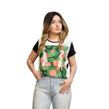 Imagem de Camiseta Manga Curta Crepe Estampa Flores e Folhas