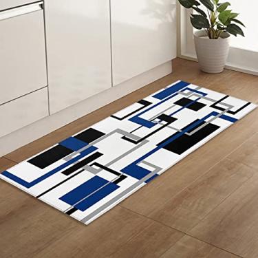 Imagem de Tapete de corredor, arte moderna geométrica abstrata quadrada do meio século, azul marinho, preto, antiderrapante, corredor, tapete, porta tapetes, tapete baixo para entrada, cozinha, lavanderia, quarto, 59 x 70 cm