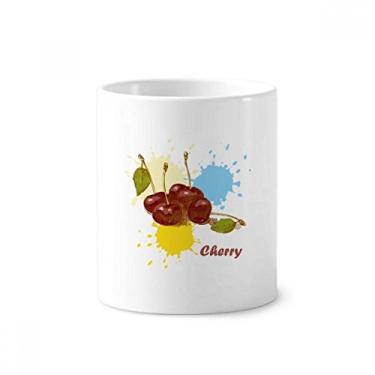 Imagem de Porta-canetas cereja com estampa de ilustração de aquarela e escova de dentes com suporte de cerâmica