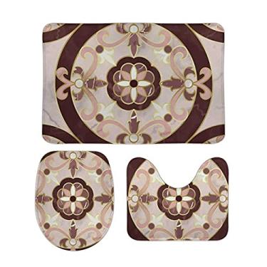 Imagem de Top Carpenter Conjunto de 3 peças antiderrapante de tapete de banheiro com estampa de mosaico de mármore rosa + capa para tampa de vaso sanitário + tapete para decoração de banheiro