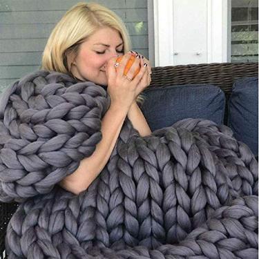 Imagem de Cobertor de malha grosso feito à mão Manta de lã para braço Fio de animal de estimação Cama cadeira sofá Super tricô cobertor de lã robusto presente de decoração para casa cinza escuro 100cm * 150cm