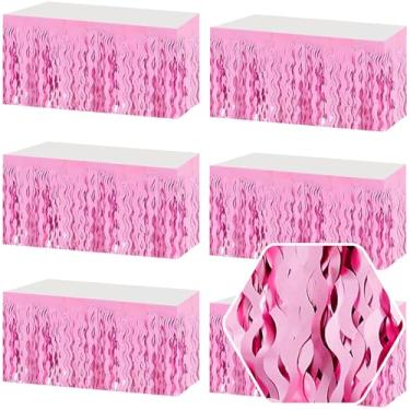 Imagem de Pacote com 6 saias de mesa com franja ondulada rosa de 73 x 272 cm, faixa metálica para decoração de guirlanda de tinsel para boias de desfile, dia das mães, Páscoa, casamento, decoração de festa de