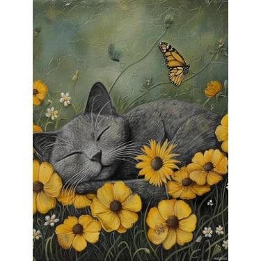 Imagem de HMDIIMGE Gato cinza dormindo em flores amarelas DIY kits de pintura de diamante 5D para adultos pintura de arte de diamante redondo completo fácil para iniciantes pedras de ponto cruz artesanato para