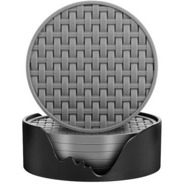 Imagem de Conjunto de 6 porta-copos de silicone cinza com suporte, tapetes antiderrapantes resistentes ao calor, conjunto decorativo impermeável para casa, cozinha, escritório, bar, mesa de centro