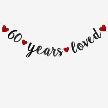 Imagem de 60 Years Loved Banner, pré-amarrado, faixa de papel com glitter preto para festa de 60º aniversário de 60 anos suprimentos de decorações de festa de aniversário de casamento, sem necessidade de