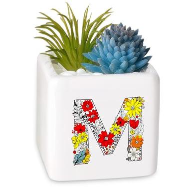 Imagem de BJDAMAI Vaso de flores para suculentas pequeno, presentes para meninas adolescentes, presentes de aniversário para meninas de 15 anos, 6, 7, 8, 9, 10, 11, 12, 13, 14, 15 anos (letra M)