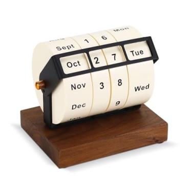 Imagem de Calendário de mesa rotativo perpétuo de madeira para decoração de escritório – Calendário mensal reutilizável com blocos de data transparentes, calendário de roda vintage para mesa, casa, escritório