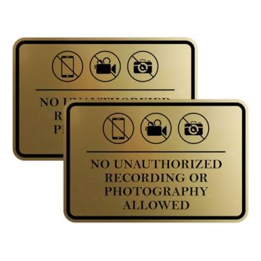 Imagem de Moldura clássica sem gravação não autorizada ou fotografia permitida placa de porta ou parede Material durável | Fácil instalação (ouro escovado) - Médio (pacote com 2)