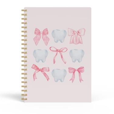 Imagem de Evcprz Caderno de dentista com laço rosa Coquette, diário de padrão de dente fofo, presentes de assistente de higiene dental, artigos de papelaria estética para mulheres e meninas, caderno espiral 14